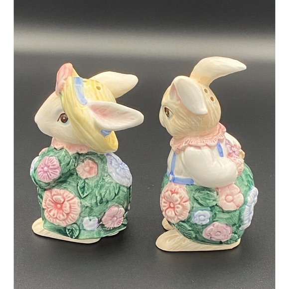 Fitz and Floyd Bunny Salt and Pepper Shaker Set Bloomers Collection 1991 Easter - Picture 3 of 10